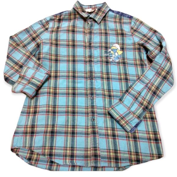WHOLE HAUSS | VINTAGE SMURF GRAPHIC PRINT FLANNEL PLAID BUTTON DOWN IN TEAL - Picture 7 of 16